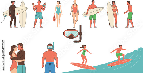 Vector Illustration Set of People Enjoying Beach Activities, Including Surfers with Boards, Swimmers, Couple Hugging, and Snorkeling Gear, Ideal for Summer Vacation and Sports Graphics