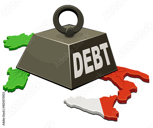 3D Italy map (flag colors) being crushed by a heavy weight labeled "DEBT". Concept for financial crisis or government debt burden in Europe and the Eurozone. (cut out)