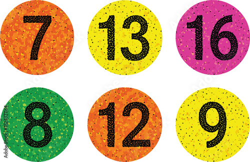 Colorful Vector Set of Textured Circular Buttons Featuring Numbers with Speckled Dots, Ideal for Badges, Price Tags, Calendar Dates, Lottery Games, and Retro Design Elements