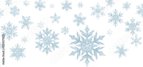 Vector Illustration of Highly Detailed Falling Snowflakes Border in Light Blue, Ideal for Winter Backgrounds, Christmas Greetings, Holiday Decorations, and Cold Weather Graphics