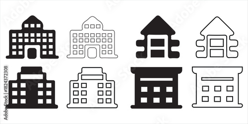 Set of various building icons, black and outline versions, isolated on