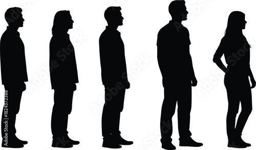 Vector Silhouette Set of Diverse People Standing in Profile View, Representing a Crowd, Queue, Lineup, Group of Individuals, or Architectural Scale Figures for Design Layouts