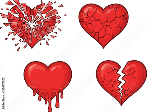 Broken heart icon set vector illustration, emotional damage symbols, shattered, cracked, melting, split heart, cartoon style, sorrow design