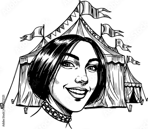 Smiling under the Big Top: A captivating illustration captures a woman's serene expression, framed against the backdrop of an iconic circus tent.
