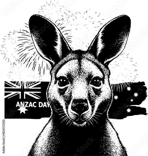 Australian Pride: A striking illustration of a kangaroo, symbolizing the spirit of Anzac Day, celebrates the heart of the nation with fireworks and flags. 