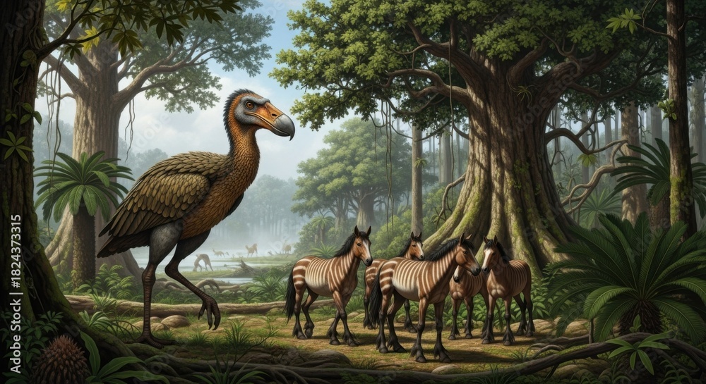 Obraz premium Enigmatic coexistence: a feathered behemoth and striped equines in primeval forest