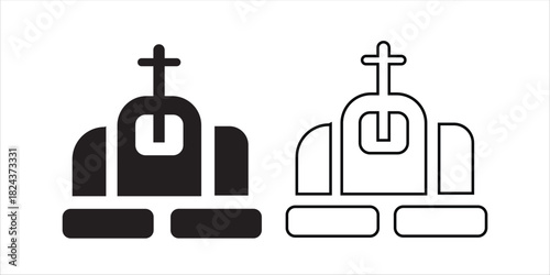 Tombstone icon with cross, grave marker symbol in solid and outline style