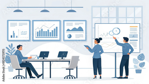 Dynamic business team presenting data-driven insights during a strategic meeting in a modern office, fostering collaboration and innovation for growth and success