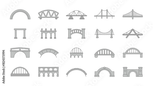 Set of bridge icons various architectural designs in simple flat vector style isolated on white background