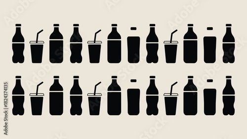 Seamless pattern of black drink icons including bottles and cups simple flat vector design for backgrounds and wallpapers