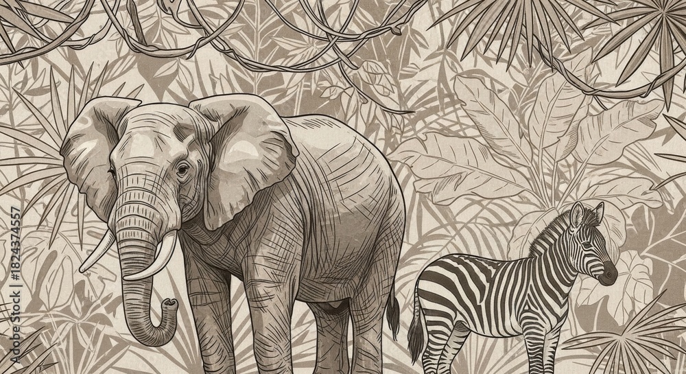 Naklejka premium Exotic Wildlife Illustration: Elephant and Zebra in Tropical Forest Artwork