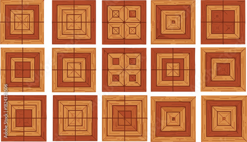 Concentric tile pattern icon set vector illustration, wood texture squares, geometric design, cartoon style, spatial reasoning layout