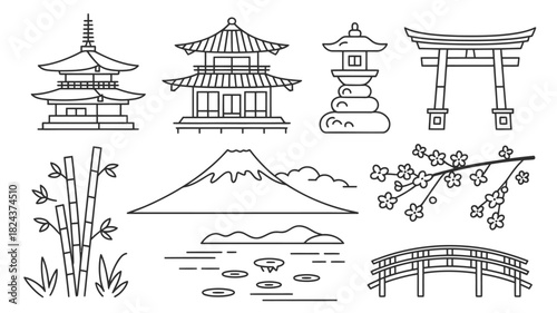 Set of Japan landmarks minimalist line art vector illustration of pagoda Mount Fuji torii gate and bamboo isolated on white background