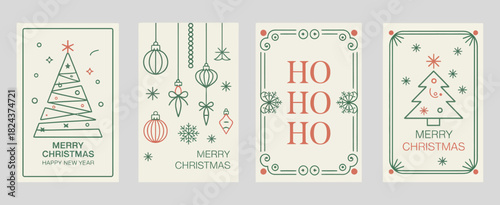 Art deco christmas tree outline vector featuring ho ho ho typography, decorative baubles, classic holiday line art for invitations, greeting cards, menus, posters, and digital templates.