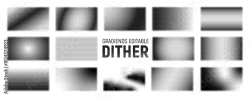 Bitmap dither pattern set and halftone pixel textures, classic black and white gradients and grain overlays in monochrome for vintage graphic design, print, and web.