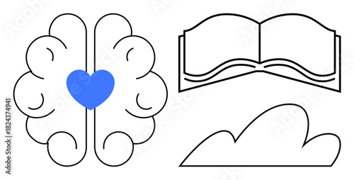 Brain with heart, book, and cloud symbols convey the connection between emotional intelligence, learning, and creativity. Ideal for education, mindfulness, knowledge, imagination self-growth
