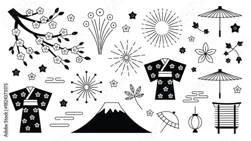 Japanese culture icon set including kimono Mount Fuji and cherry blossoms simple vector design elements isolated on white background