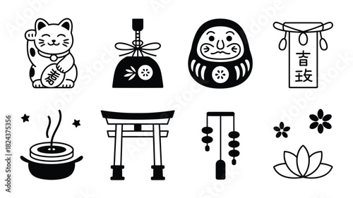 Set of Japanese lucky charm icons vector line art illustration traditional symbols for good fortune and celebration