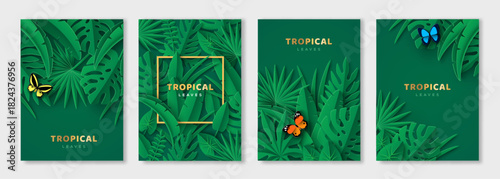 Tropical leaves, butterfly poster set design template, summer wallpaper palm tree. Place for text. Vector illustration. 3d cutout tropic plant nature frame border. Jungle forest notebook cover