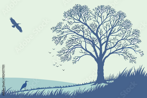 Tree & Birds Landscape Print | Blue Nature Scene Art