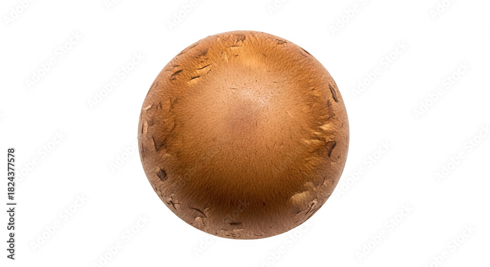 Fototapeta premium Single brown mushroom viewed from above, with smooth rounded cap, darker center, and light edges—natural texture and organic shape ideal for culinary or botanical reference