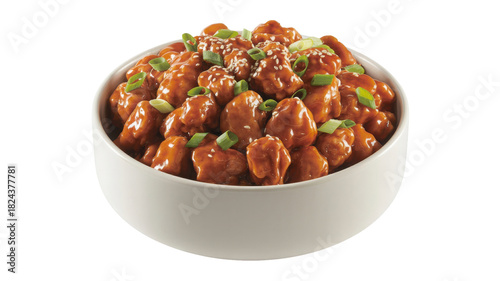 Bowl of sweet and savory orange chicken with sesame seed garnish isolated on transparent background