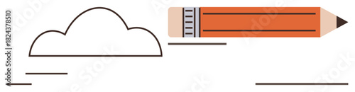 Orange pencil pointing forward with simple black lines and cloud outline. Ideal for creativity, innovation, writing, ideas generation, design, content creation, and imagination. Simple flat metaphor