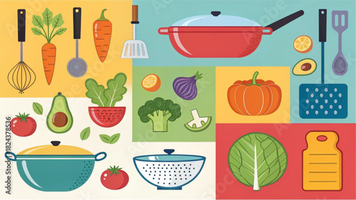 Fresh produce and cooking utensils add a vibrant, healthy touch to any kitchen design, perfect for culinary blogs and food-related projects