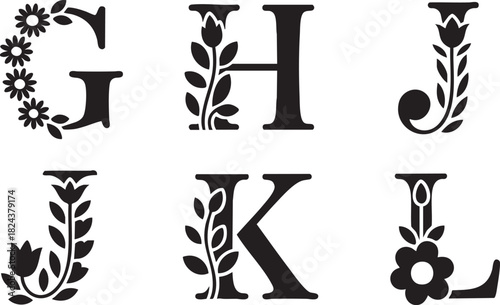 Black floral alphabet letters G H J K L with decorative elements vector