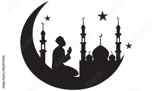 Islamic Prayer Silhouette with Mosque and Crescent Moon – Eid and Ramadan Vector Design