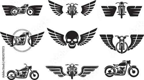 Black motorcycle and skull emblems with wings on white background bike engine