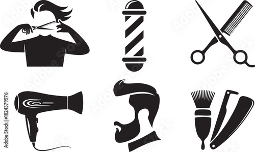 Black silhouette icons of barber tools and hair styling elements on white scissors comb