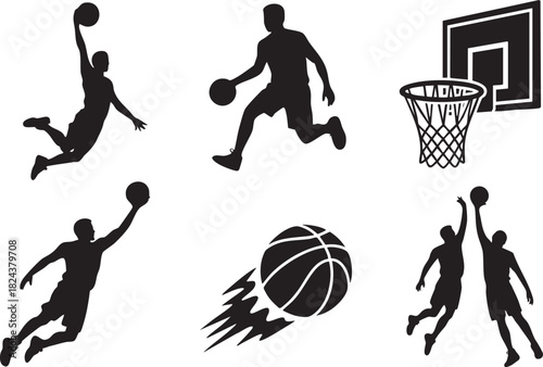 Black silhouettes of basketball players in action with ball and hoop sport