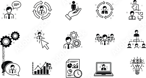 Business icons set, teamwork symbols, data analysis, management visuals, communication graphics, workflow elements, black white vector, corporate concepts, strategy tools