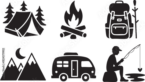 Camping icons including tent campfire backpack mountains camper van and fishing person trees forest