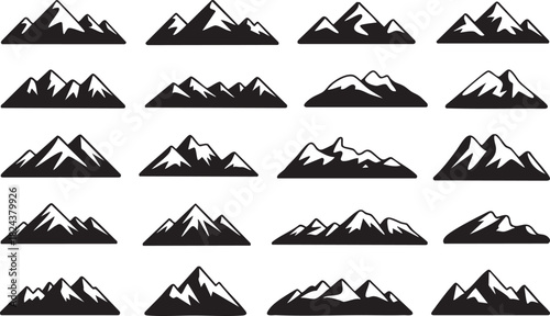 Collection of black and white mountain range silhouettes with snow accents mountains peak
