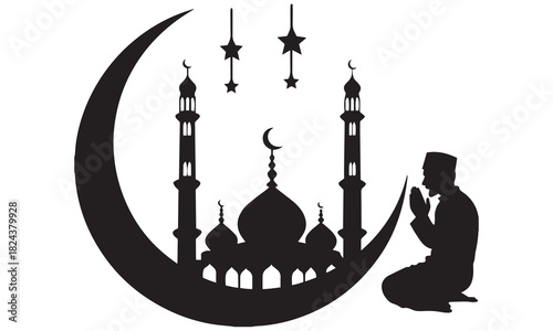 Islamic Prayer Silhouette with Mosque and Crescent Moon – Eid and Ramadan Vector Design