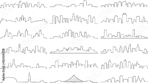 Collection of black line art city skyline silhouettes with varied building shapes and heights architecture