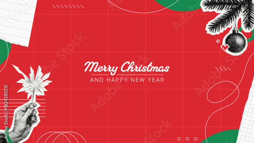 Red Christmas background with a hand holding a sparkler and holiday greetings. Festive vector card or banner for New Year celebration.