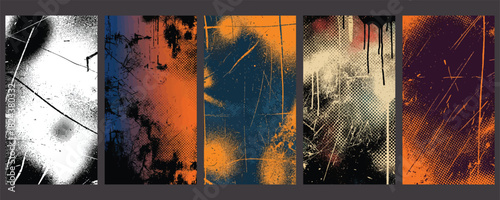 Urban punk textures with neon graffiti and distressed grunge background, featuring rough spray paint, scratch marks, and a halftone dot pattern for a vintage poster. Music and street style design.