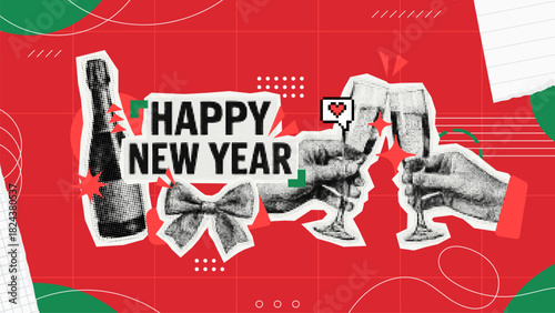 Champagne bottle and glasses with Happy New Year text. Celebration design for greeting card or banner. Festive holiday illustration.