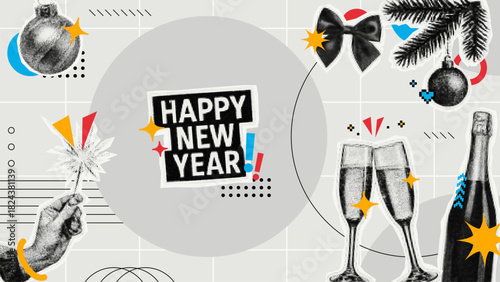 Happy New Year sign with a hand holding a sparkler, two champagne glasses, bottle and Christmas decoration on abstract background.