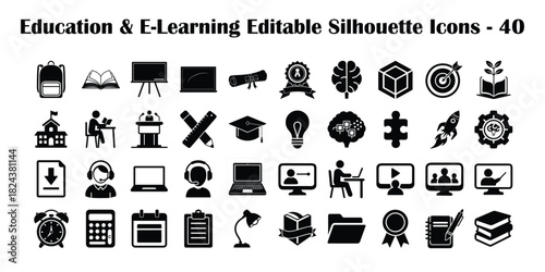 Education and E-Learning Solid Icon Set: 40 Silhouette Symbols for School, Academic Study, and Digital Training
