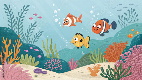 Enchanting underwater world scene with adorable cartoon fish swimming among colorful coral reefs, perfect for children's books and educational materials