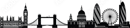 Black Silhouette London Landmark Skyline Featuring Big Ben, Tower Bridge, London Eye, and Historic Architecture for Vector Illustration Use