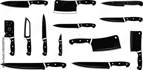 Chef, Cleaver, Utility, and Serrated Knives Collection for Culinary, Cooking, and Restaurant Design.