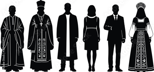 Clergy, Professionals, and Traditional Costumes for Culture, Religion, and Formal Wear Graphic Design.