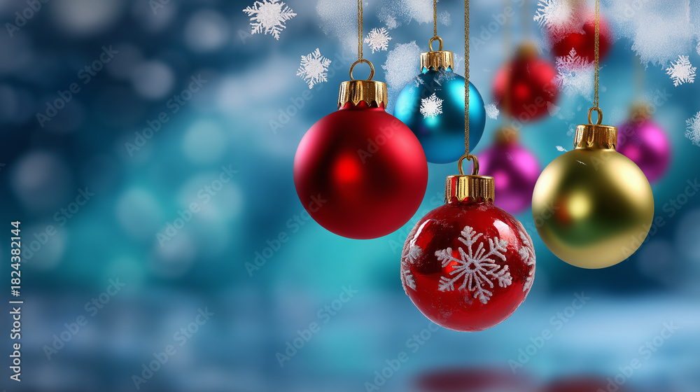 Fototapeta premium Softly defocused red holiday background with blurred hanging blue, gold, and green ornaments, gentle white snowflakes floating across the frame, dreamy festive atmosphere, with cop