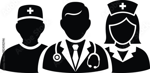 Doctor with Stethoscope, Male Nurse, and Female Nurse Healthcare Professionals Silhouettes