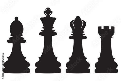  Four classic chess pieces including a bishop king queen and rook in silhouette